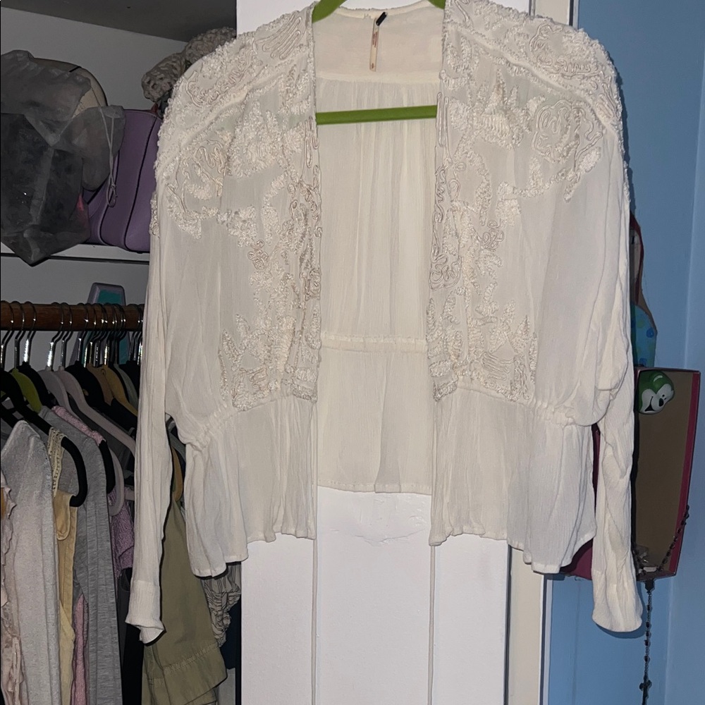 Free People Cream Embroidered Blouse